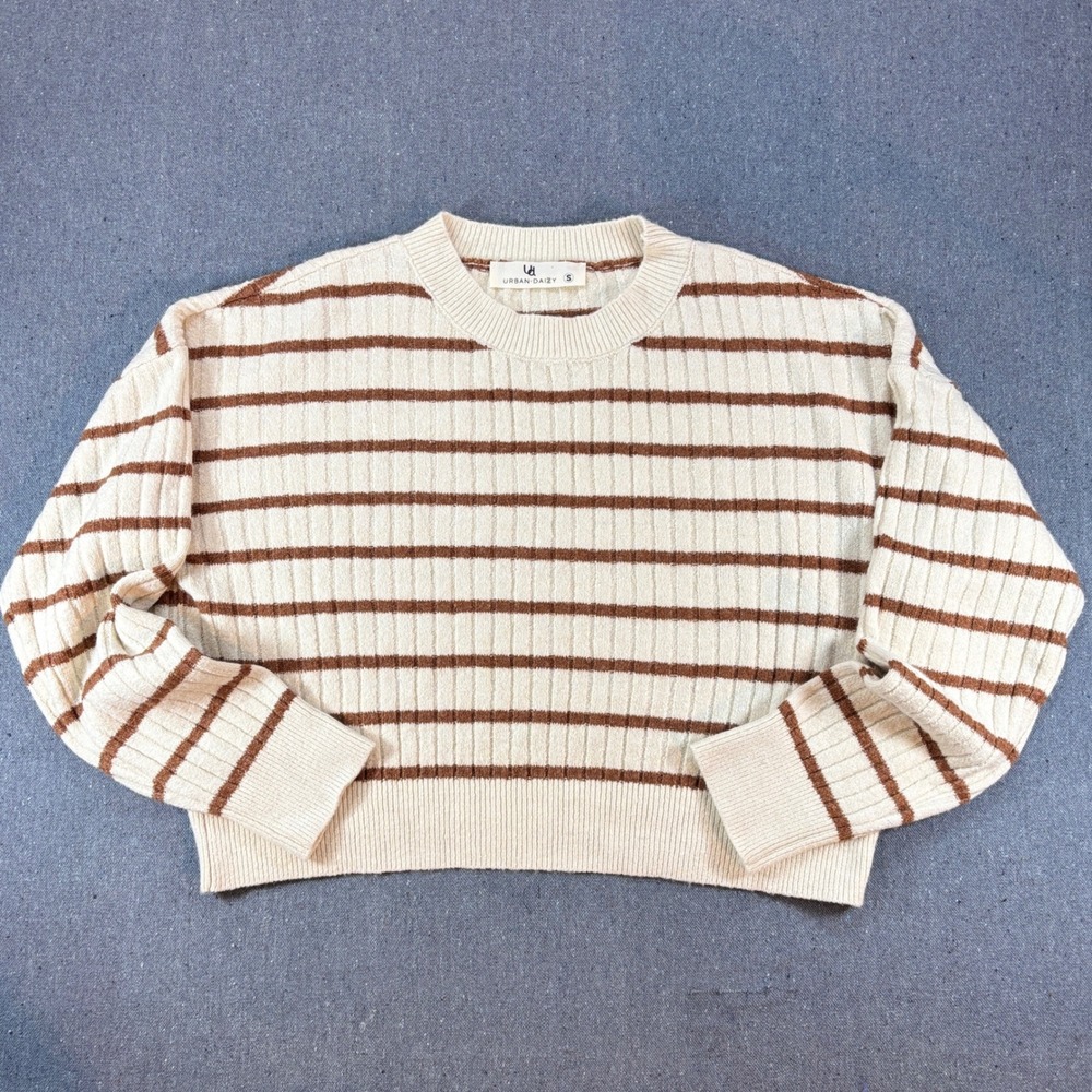 Urban Daizy Womens Striped Ribbed Knit Sweater Cream Brown Small Y2K